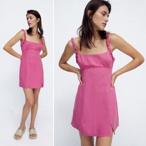 Avantlook Hot Pink Square Neck Ruffle Strap Mini Dress Tie Back